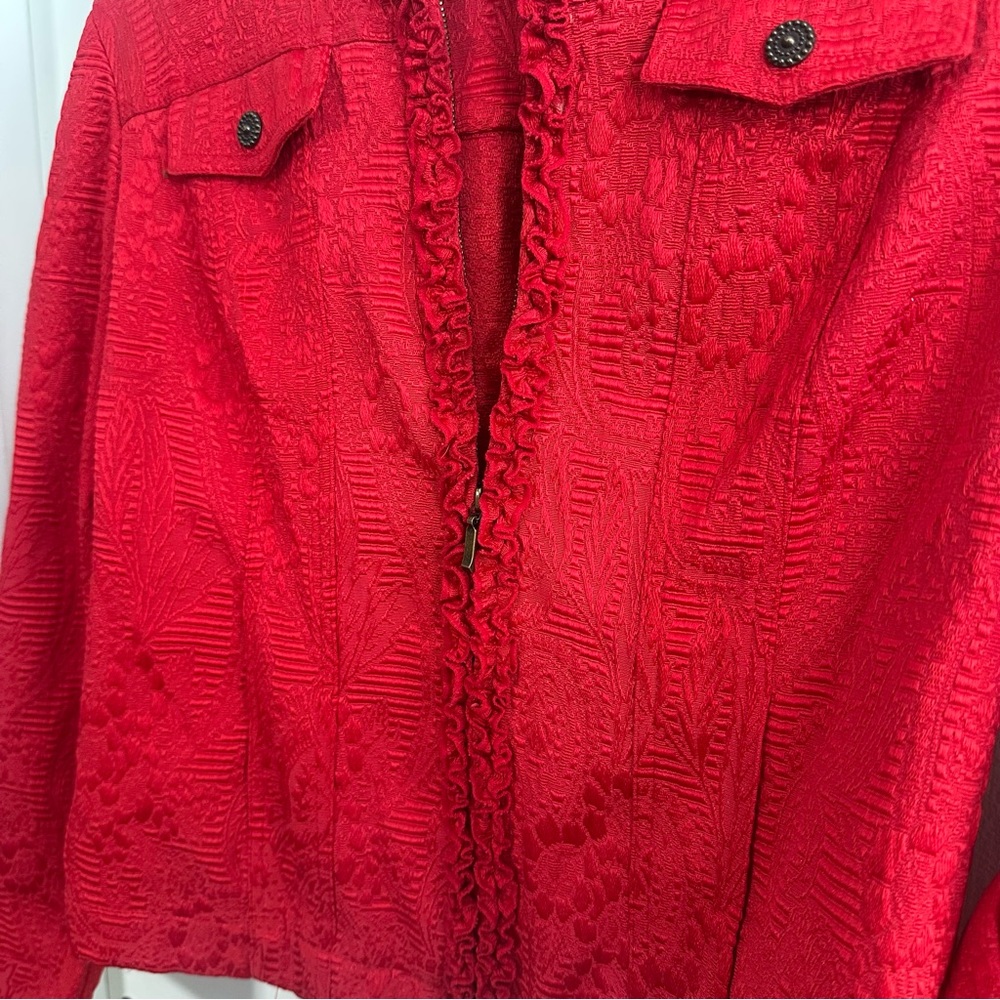 Ruby Rd Red Textured Ruffle Zip Jacket | Size 10 | Y2K Boho - Picture 5 of 9